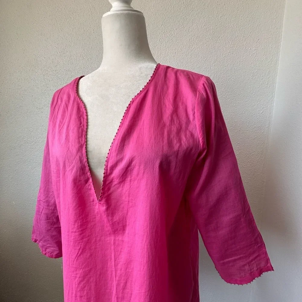 J. Crew Hot Pink V-Neck Tunic Top 100% Cotton Blouse SZ S